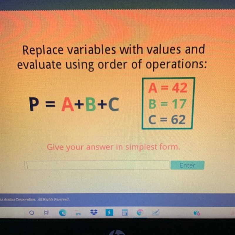 Replace variables with values and evaluate using order of operations: A = 42 P= A-example-1