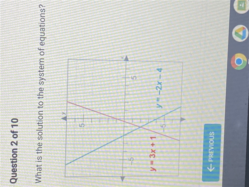 What is the solution to the system of equations? A. (-2,-1) B. (-1,-2) C. (1,-2) D-example-1