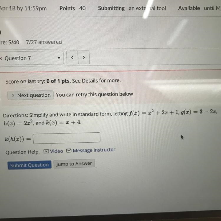 Directions: Simplify and write in standard form, letting f(x) = x2 + 2x + 1, g(x) = 3 - 2x-example-1