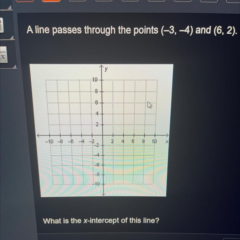 A line passes through the points (-3,-4) and (6,2) What is the x intercept of this-example-1