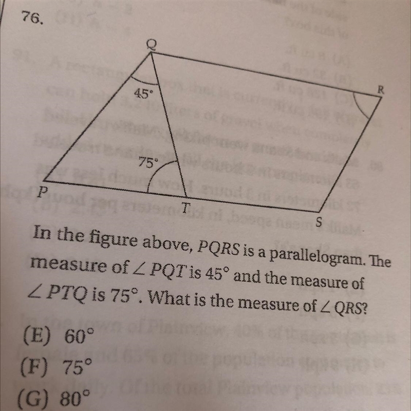 In the figure above,pqrs is a parallelogram.The measure of pqt is 45 and the measure-example-1