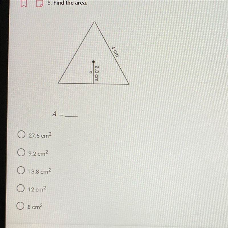 Please help ASAP!!! Find the area of the triangle.-example-1