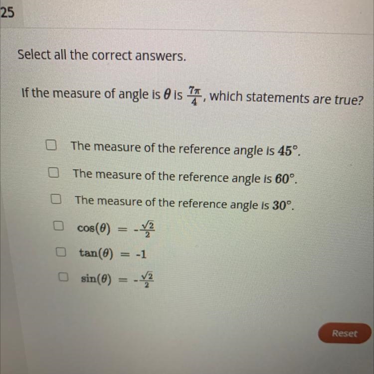 If the measure of angle is 0 is7x/4, which statements are true?-example-1