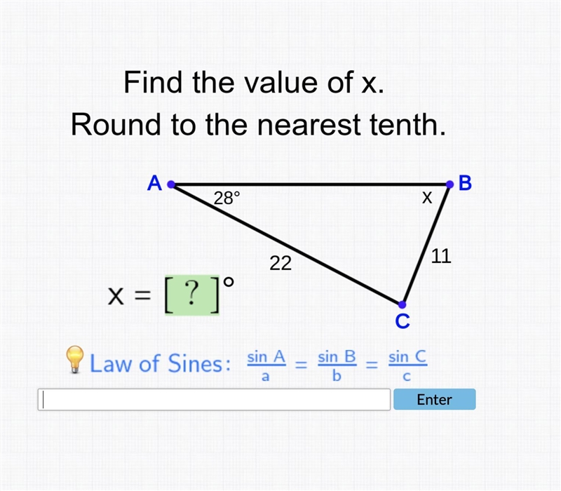 Find the value of x. Round to the nearest tenth. 22 28 11 PLEASE HELP-example-1