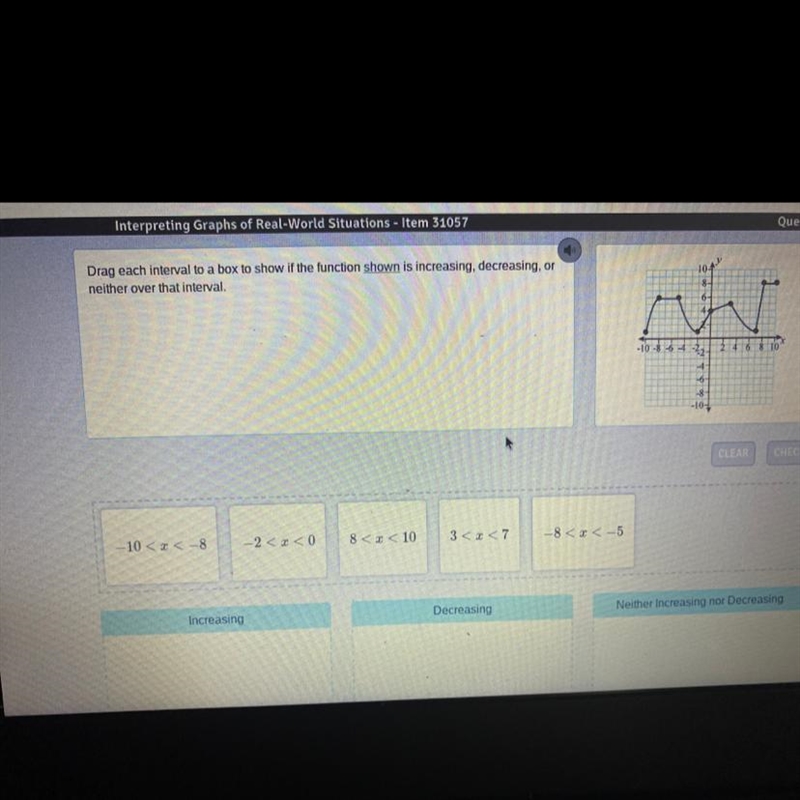 Drag each interval to a box to show if the function shown is increasing, decreasing-example-1