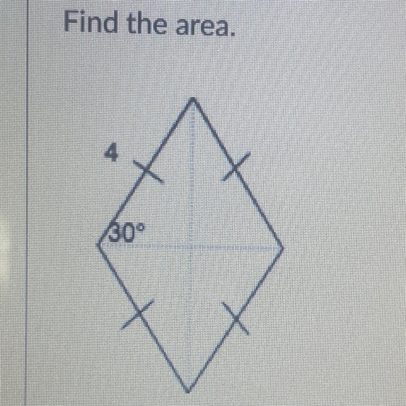 Find the area of a rhombus. 4 30°-example-1