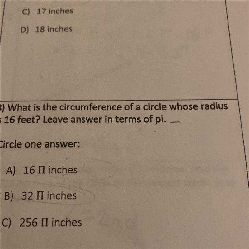 What is the circumference of a circle whose radius is 16 feet leave answer in term-example-1