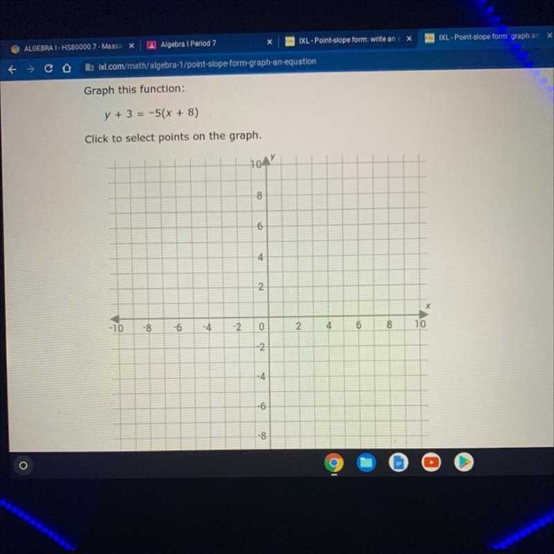 Graph this function: y + 3 = -5(x + 8) Click to select points on the graph.-example-1