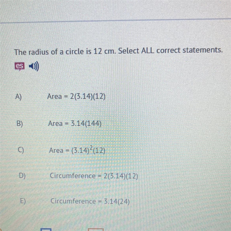 The radius of a circle is 12 cm. Select ALL correct statements.-example-1