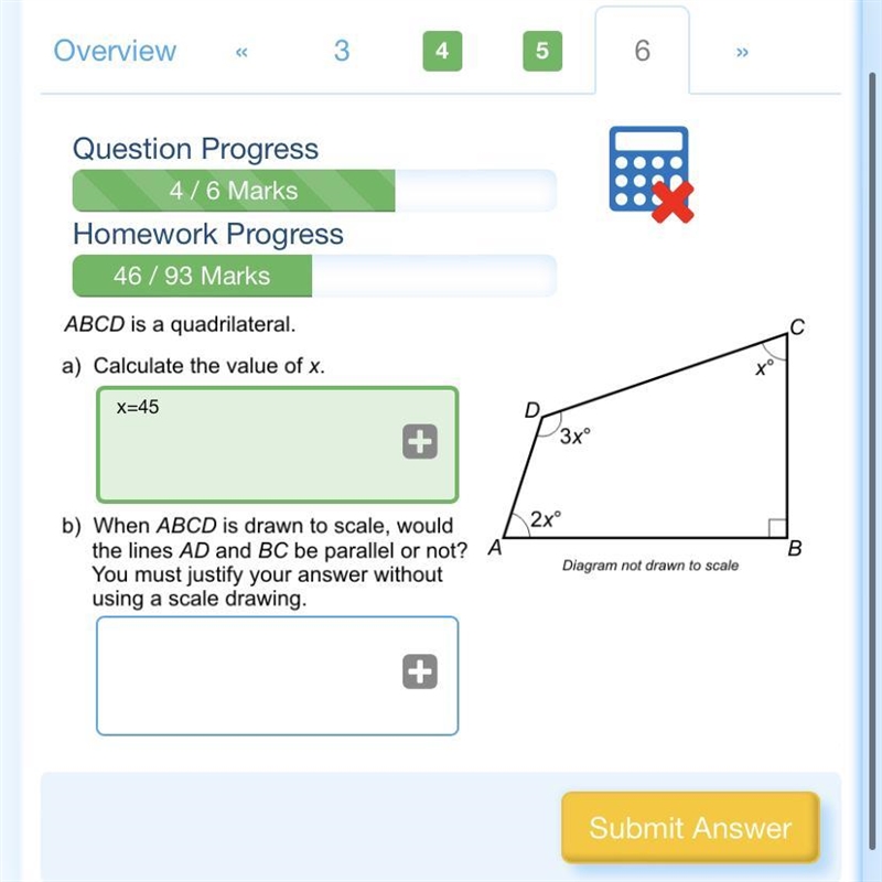 B)When ABCD is drawn to scale, would the lines AD and BC be parallel or not? You must-example-1