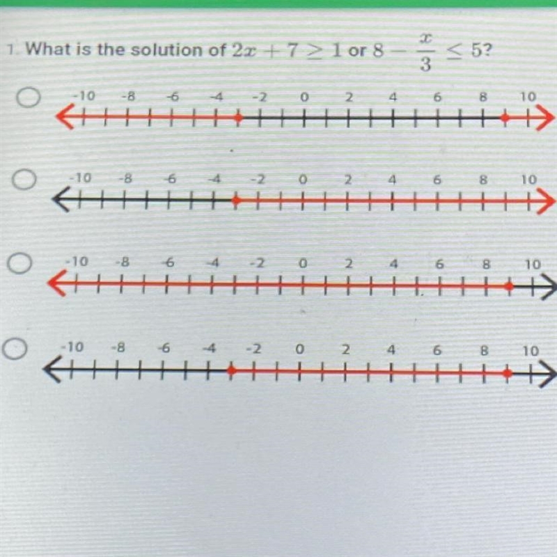 What is the solution of 2x + 7 ≥ or 8 - x/3 ≤ 5-example-1