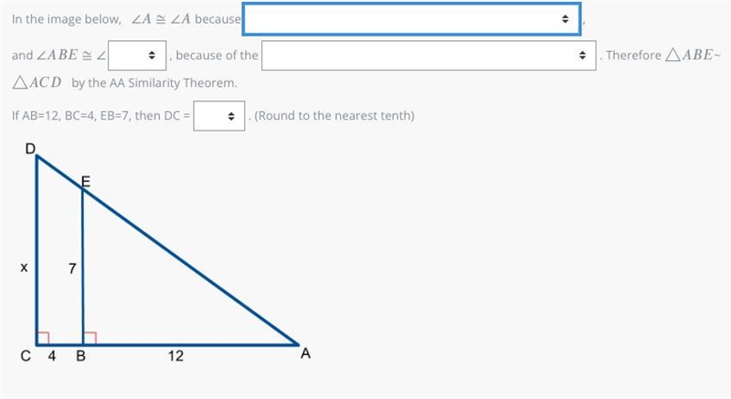 In the image below, ∠≅∠∠A≅∠A because , and ∠≅∠∠ABE≅∠ , because of the . Therefore-example-1