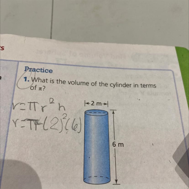 What is the volume of the cylinder in terms of pi 2 m 6m-example-1