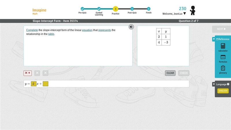 Complete the slope-intercept form of the linear equation that represents the relationship-example-1