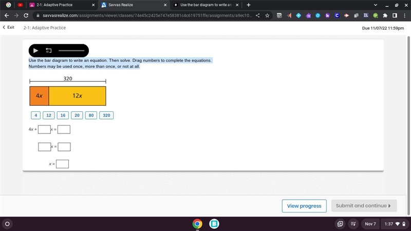 Use the bar diagram to write an equation. Then solve. Drag numbers to complete the-example-1