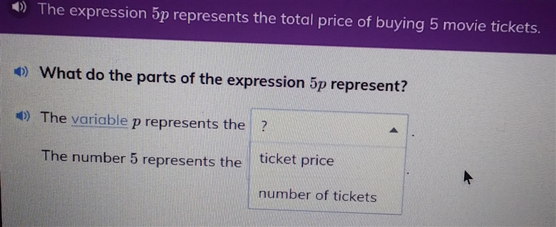 +) The expression 5p represents the total price of buying 5 movie tickets. ) What-example-2