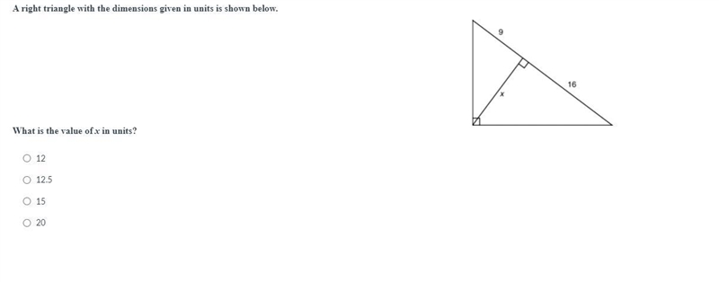 A right triangle with the dimensions given in units is shown below.-example-1