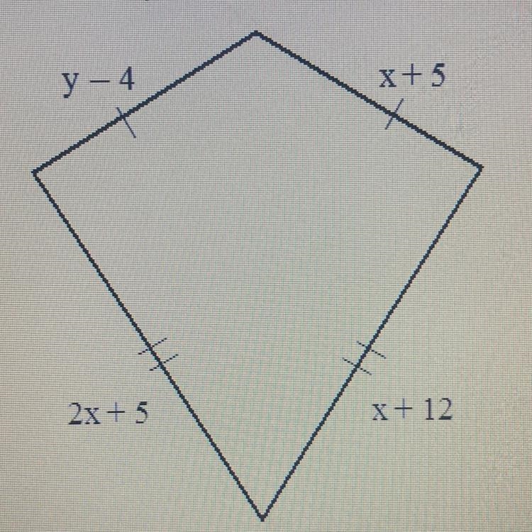 Y - 4 X+5 2x + 5 X + 12 Find the values of the variables in this kite.-example-1