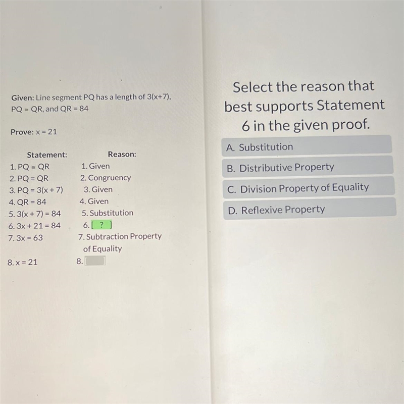 Select the reason that best supports Statement 6 in the given proof.-example-1