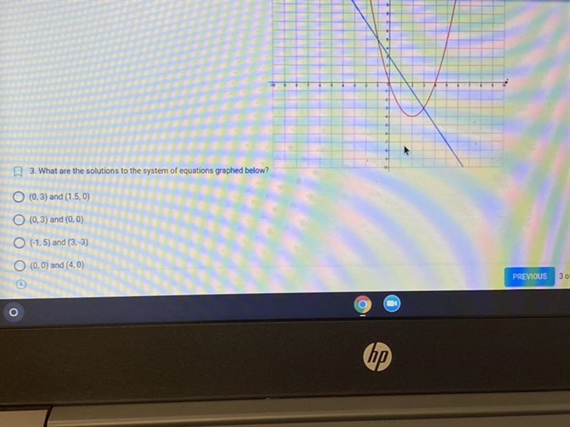 3. What are the solutions to the system of equations graphed below?-example-1