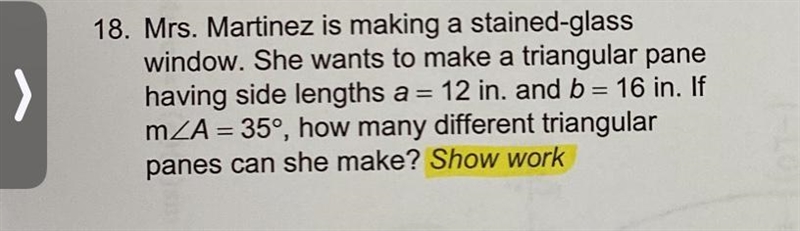 Mrs. Martinez is making a stained-glass window. She wants to make a triangular pane-example-1