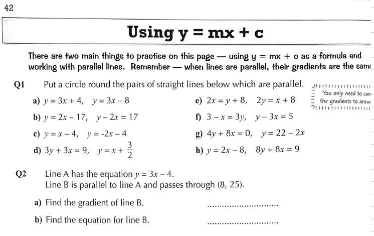 I need help with these 2 questions on y=mx + c-example-1