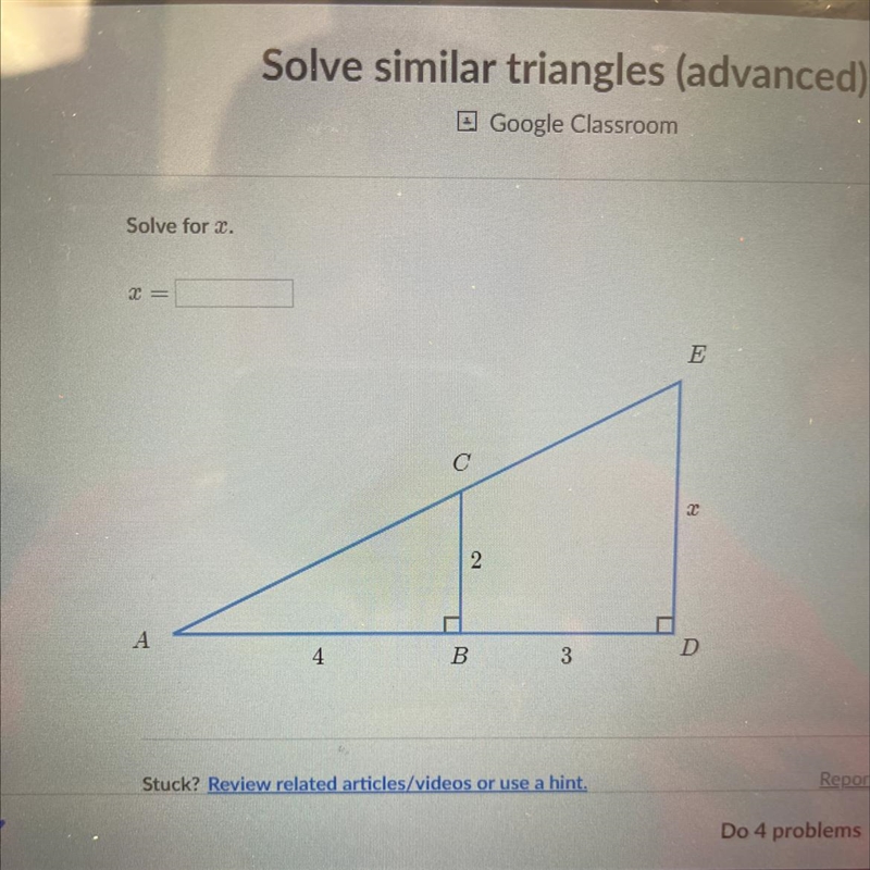 Solve for x. X = A 4 C B 2 3 E X D-example-1