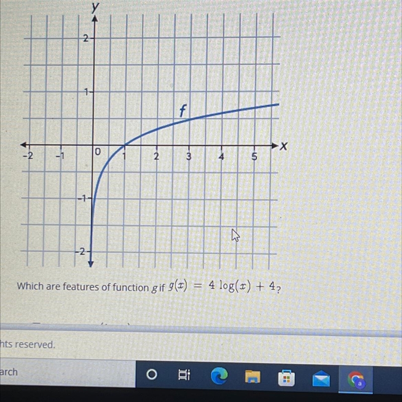 consider the graph of the function f(x) = log x(picture of graph below)which are features-example-1