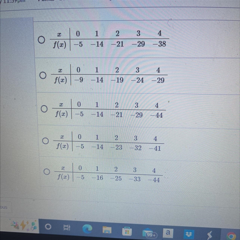 Given the following function, which table shows correct values for f(x)Where f(x)=-9x-example-1