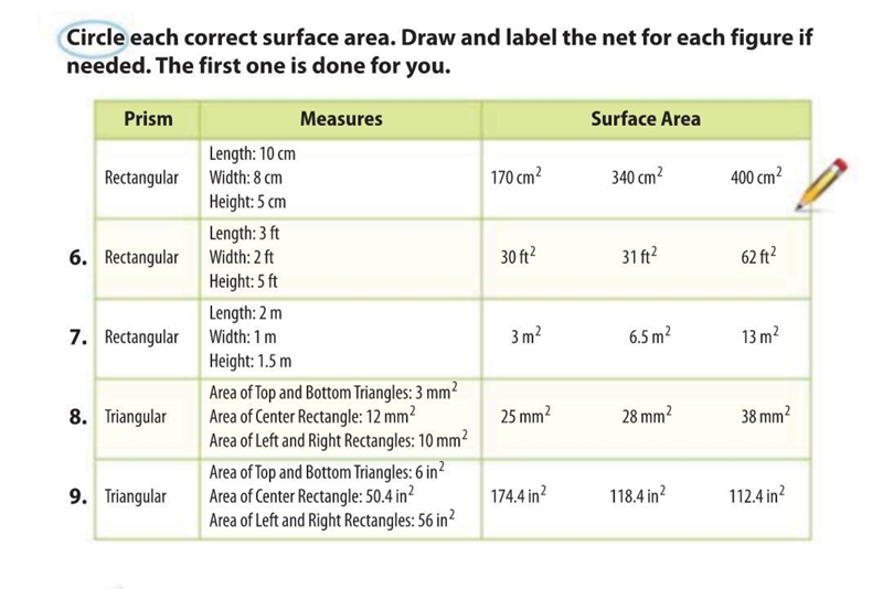 PLEASE HELP Circle each correct surface area. Draw and label the net for each figure-example-1