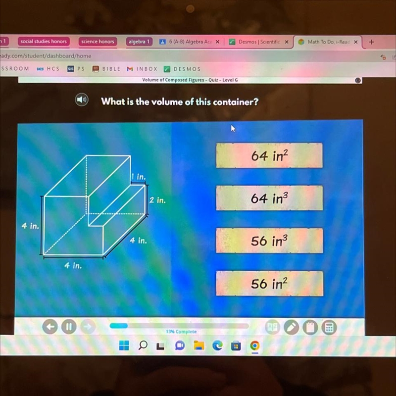 4 in. 4 in. What is the volume of this container?-example-1