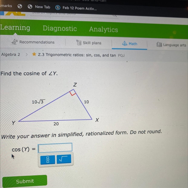 Find the cosine of ZY. Z 10V3 10 Y 20 Write your answer in simplified, rationalized-example-1