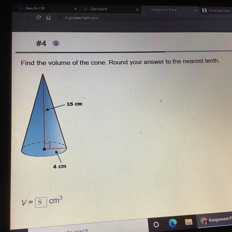 Find the volume of the cone. Round your answer to the nearest tenth. 15 cm 4 cm-example-1