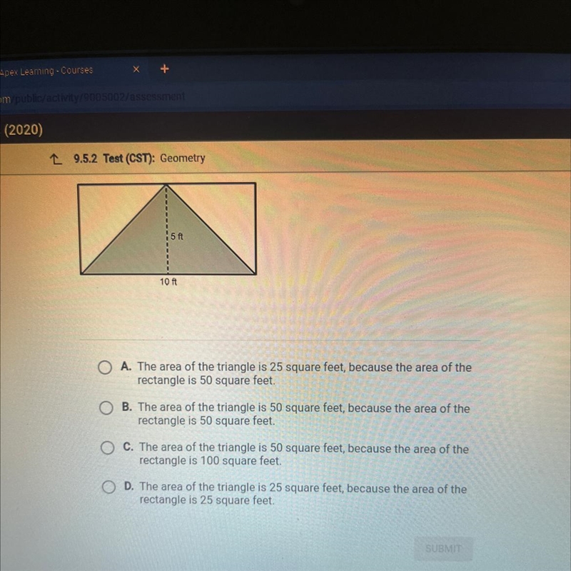 Use the area of the rectangle to find the area of the triangle.-example-1