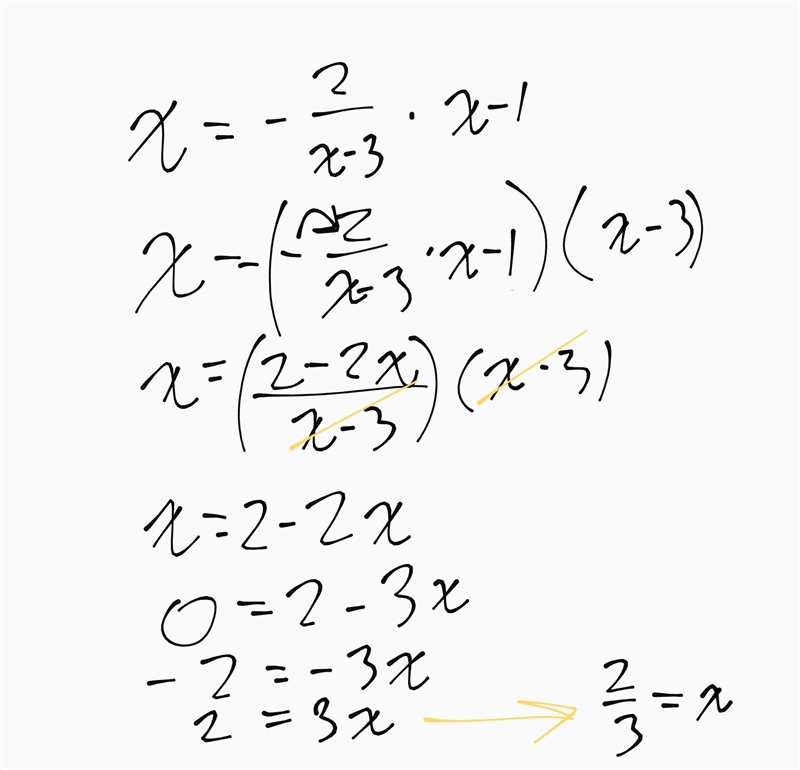 Find all solutions to the equation. (x) / (x-1) = -[(2) / (x-3)] I attached my work-example-1