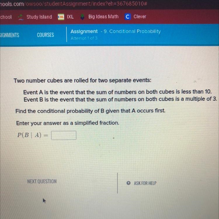 Two number cubes are rolled for two separate events: Event A is the event that the-example-1