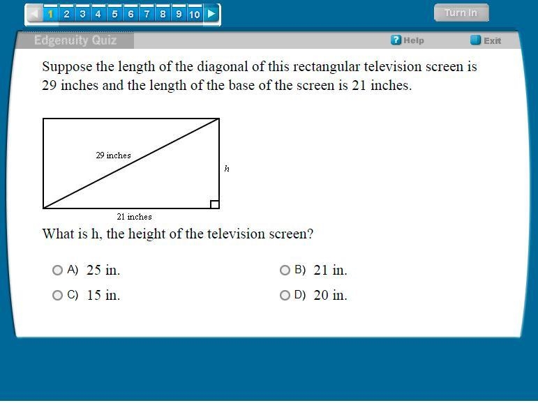 Suppose the length of the diagonal of this rectangular television screen is 29 inches-example-1