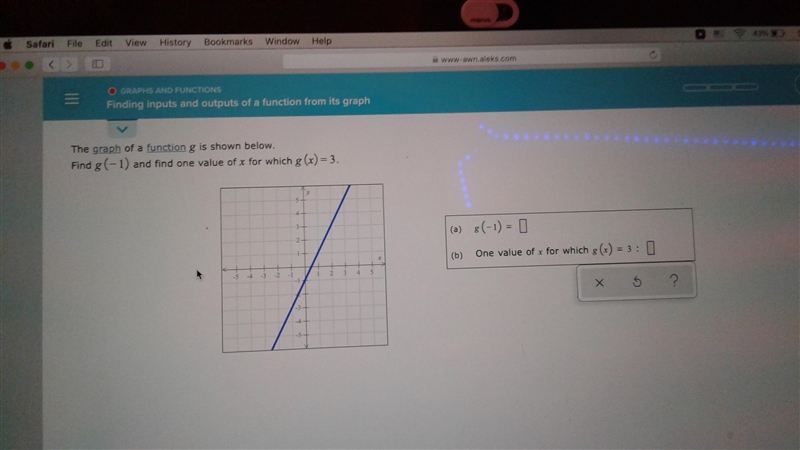 Find g (-1) and find one value of x for which g (x)=3.a. g (-1)=?b. One value of x-example-1