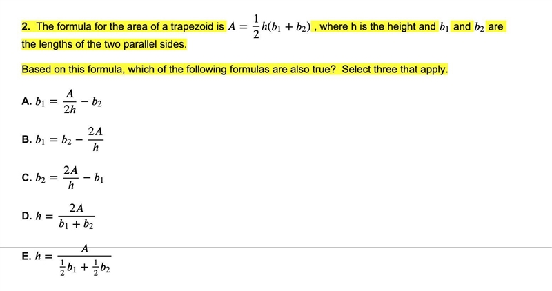 PLEASE HELP!!!! The formula for the area of a trapezoid is =12ℎ(1+2) A=12hb1+b2 , where-example-1