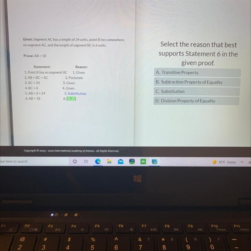 Select the reason that best supports Statement 6 in the given proof. A. Transitive-example-1