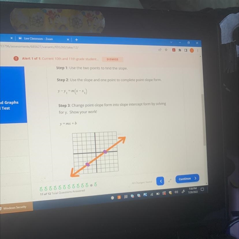 Question 12 From the given graph, use two points to write an equation in point- slope-example-1