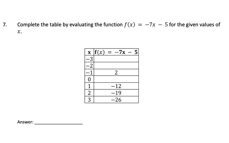 Complete the table by evaluating the function () = −7 − 5 for the given values ofx-example-1