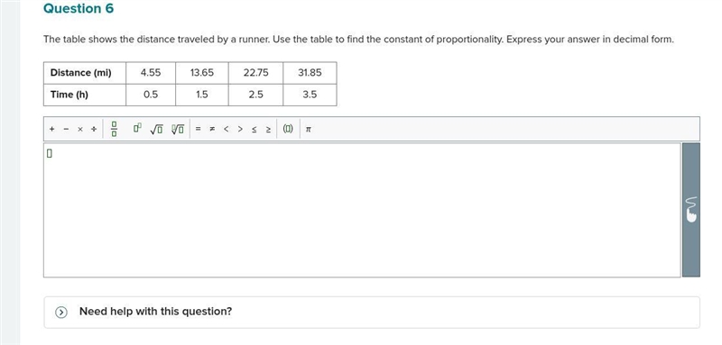 The table shows the distance traveled by a runner. Use the table to find the constant-example-1