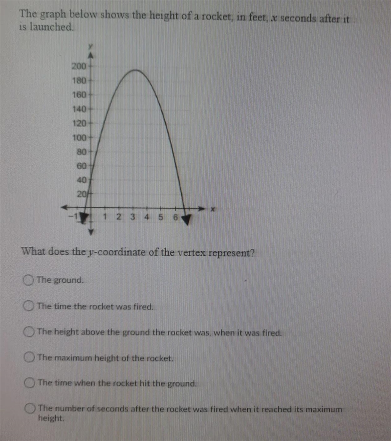 The graph below shows the height of a rocket, in feet, x seconds after it is launched-example-1