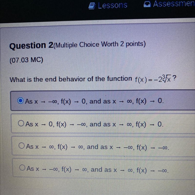 What is the end behavior of the function f(x) =-2^3 √ x (LOOK AT PICTURE)-example-1