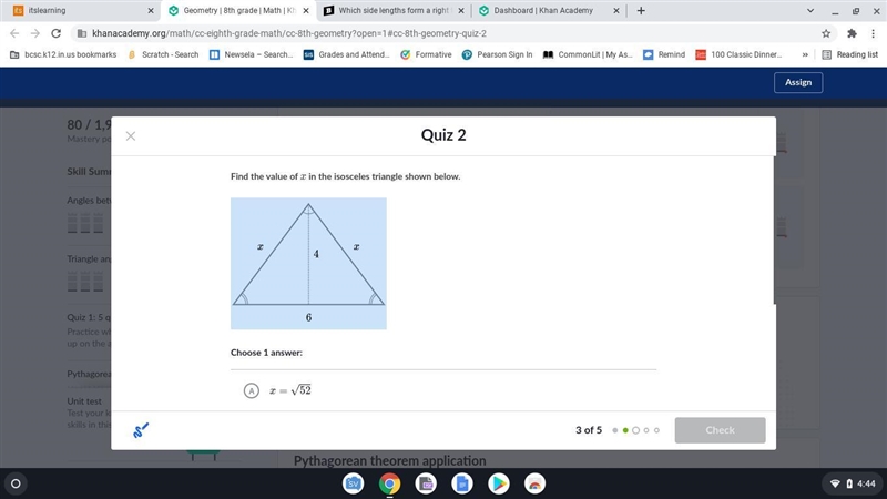 Ind the value of x in the isosceles triangle shown below. Choose 1 answer: (Choice-example-1