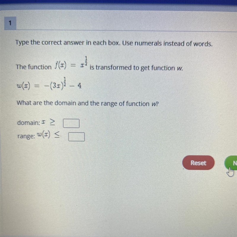 the function f(x) = x^1/2 is transformed to get function W.w(x)= -(3x)^1/2 - 4 what-example-1