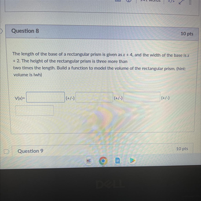 The length of the base of a rectangular prism is given as x + 4, and the width of-example-1