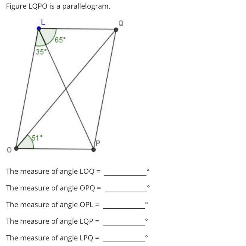 Figure LQPO is a parallelogram.Q65°35°51°0The measure of angle LOQ =oThe measure of-example-1