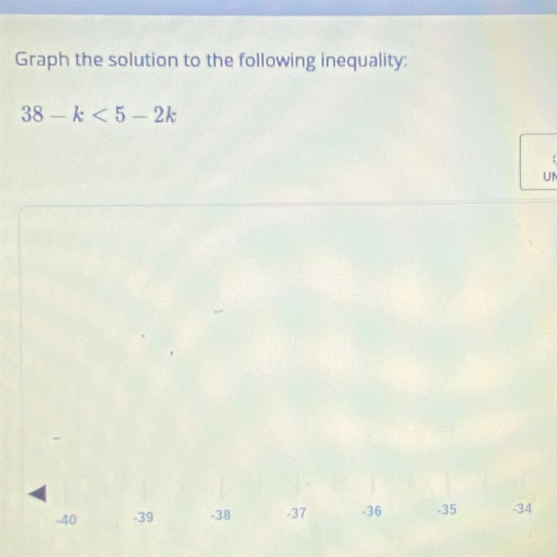 Graph the solution to the following inequality: 38 - k < 5 - 2k-example-1